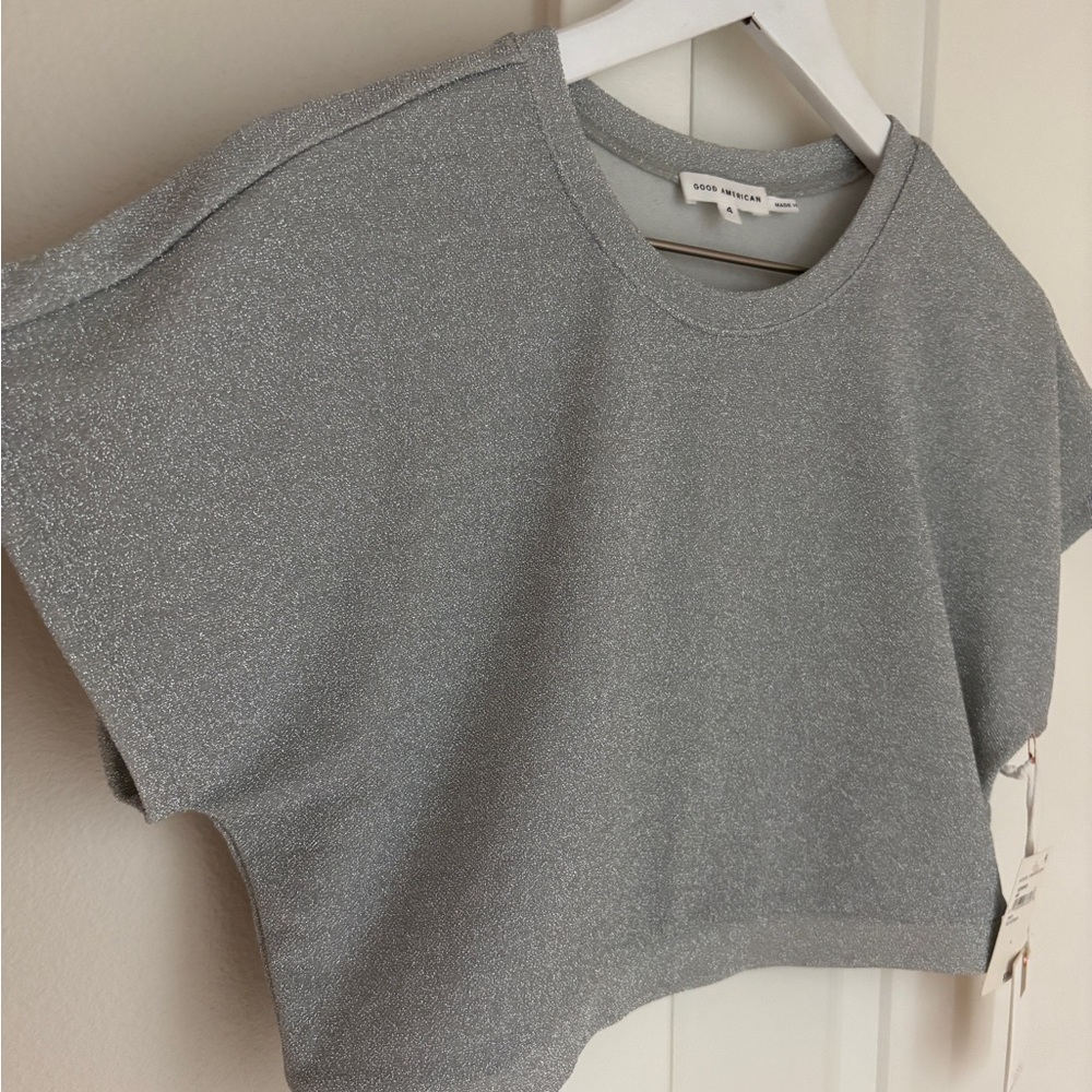 Good American Sparkle Crop Cover-Up Tee, Silver Short Sleeve Crewneck Size 4 - Picture 4 of 11